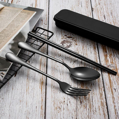 CiCi百貨商城3件組便攜式餐具 不鏽鋼餐具 黑色 勺子和叉子 筷子 西餐餐具 學生學習 野營餐具 便攜式餐具