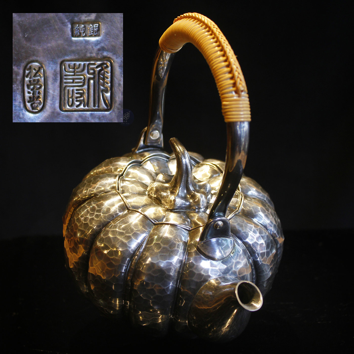 【桑園の】日本高級純銀松榮堂名家雅壽作南瓜型844g 純銀壺湯沸銀 