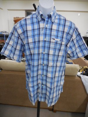(全新吊牌拆一半)美國品牌 TOMMY HILFIGER 藍白黑格紋 短袖襯衫(美版S)(B382)
