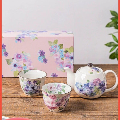 日本進口和藍陶瓷茶具水彩花朵禮盒茶杯茶壺下午茶套裝節日送禮