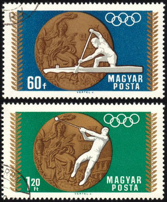 匈牙利郵票_運動_墨西哥奧運_划艇鏈球_1969_1343 ！郵湧池！