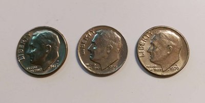【觀天下‧郵幣天地】AD-105-美國老錢幣 ONE DIME 羅斯福總統1970 1977 1979 《 三枚一拍》
