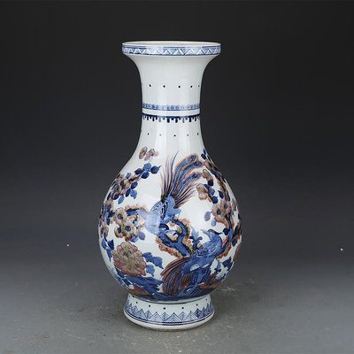 花瓶清康熙瓷器青花釉里紅花鳥紋瓶古董古玩明清老瓷器舊貨收藏品