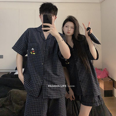 韓國ins米奇情侶睡衣女夏季純棉棉紗短袖款男士可外穿家居服套裝~成人遊樂園