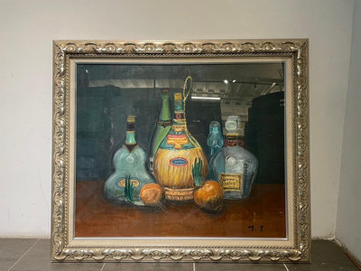 【一点會古美術】酒瓶靜物油畫 歐洲 西洋  畫廊  藝術 裝飾 裝潢 擺飾 收藏 無底價