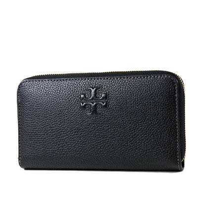 美國正品TORY BURCH THEA 浮雕LOGO荔枝紋拉鍊長夾-黑色/附活動卡夾 【現貨】