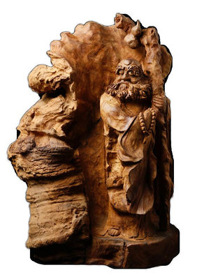 特價早期達摩祖師櫸木樹瘤木雕，重18.6公斤，54 x 35 x 40公分。保存完整，近全新品。大師級創作，雕工俐落，氣勢磅礴，炯炯有神。重油有香味，瘤花多變