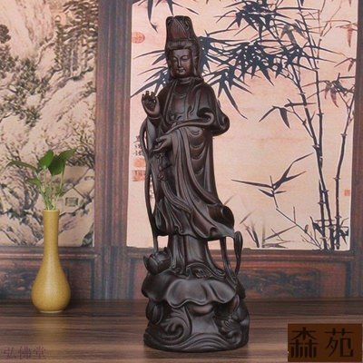 熱銷  黑檀木雕觀音菩薩像擺件實木工藝品如意荷葉觀音佛像 3385