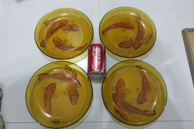 【讓藏】早期收藏民國78年老玻璃琥珀色玻璃魚盤 鯉魚盤 水果盤 古早味,未使用,,,,4盤一起賣