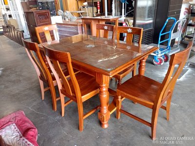 桃園國際二手貨中心----實木餐桌椅組  一桌六椅   飯桌 / 148*96*76cm