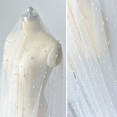 特賣- 大小釘珠網細膩軟網軟紗網布婚紗禮服裝珍珠網婚慶背景布置網本白