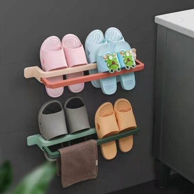 浴室拖鞋架免打孔粘貼毛巾架家用雙層多功能鞋架可伸縮