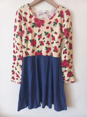 Cherry KOKO韓國製長袖玫瑰花印花甜美針織時尚洋裝毛衣連身裙