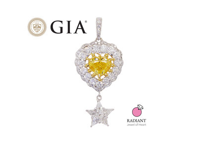 頂級天然濃黃彩鑽 GIA證書 1.01克拉 Fancy Intense心星相印黃鑽項墜 18K金 閃亮珠寶
