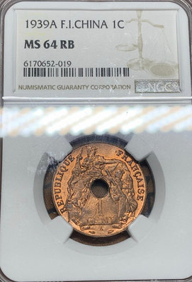 NGC-MS64RB 法屬印支1939A百分之一銅幣，漢字經