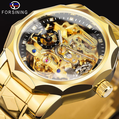 現貨男士手錶腕錶Forsining新款男士陀飛輪自動機械錶鏤空男腕錶帶水鉆金色奢華錶