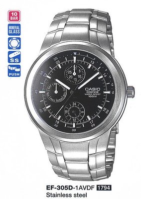 全新CASIO手錶(美運公司)EF-305D【不銹鋼三眼六針高級時尚錶】(40mm大呎吋)最後一隻