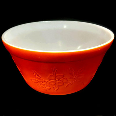 《NATE》1970年代早期【橘色花卉凸紋圖案 牛奶玻璃】大沙拉缽~沙拉碗,攪拌碗