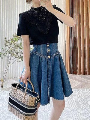 小Z代購#MAJE KURO2023夏季新款法式時尚寬松蕾絲花邊領短袖t恤女薄款上衣