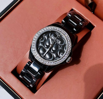 COACH Astor 水鑽圈 浮雕設計錶盤 黑色陶瓷錶帶 石英 女士手錶 14503255