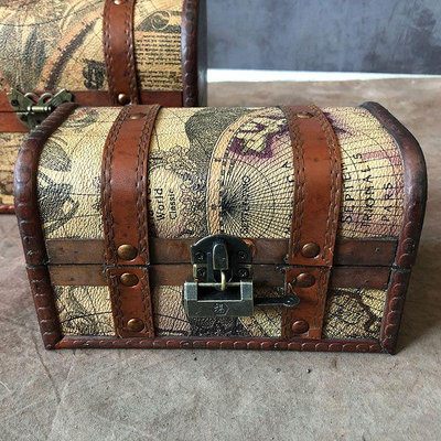仿古航海圖藏寶箱復古箱做舊老式木箱帶鎖小箱子防盜兒童寶箱歐式