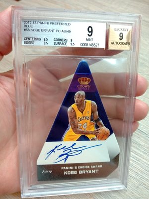 2012 Preferred Kobe Bryant 三角飯團卡面親簽 鑑定BGS 9，限量 /49，值得紀念親簽(非貼紙簽)