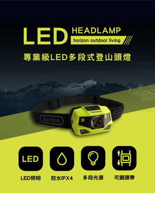 【Horizon 天際線】專業級LED多段式登山頭燈【230流明】五段式 綠色輔助光 IPX4防水 AAA電池