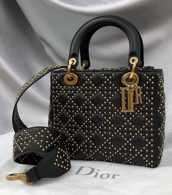 小巴黎二手名牌真品Dior黛妃 黑金 卯釘 铆釘 珠釘 寬背帶 有卡