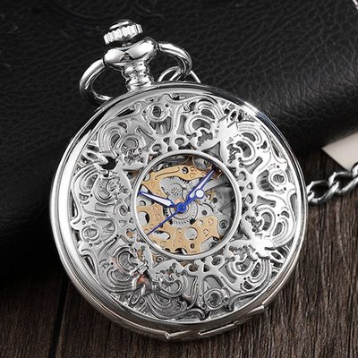 熱銷 手錶腕錶自動機械懷錶正品翻蓋潮流時尚經典銀色羅馬字復古掛鏈鏤空機械錶