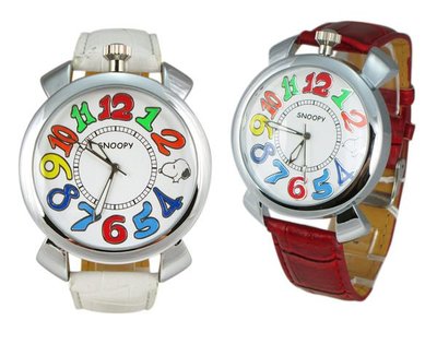【卡漫迷】史奴比 皮革手錶 彩色數字 二色選一 ㊣版 Snoopy 史努比 女錶 男錶 糖果色 超大鏡面 造型設計