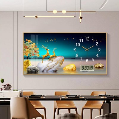 電子鐘餐廳裝飾畫麋鹿現代鐘表掛鐘客廳家用時尚掛畫帶時鐘萬年歷
