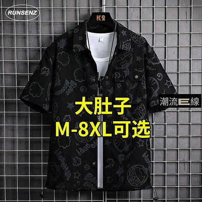 M8XL 日系動漫版印短袖襯衫男 寬鬆沙灘襯衫 大尺碼五分袖襯衫 休閒 加大尺碼-真男人專賣店