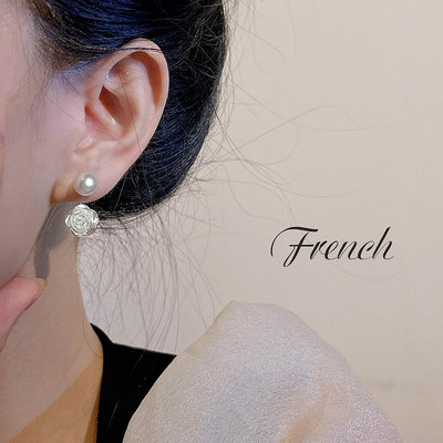 925純銀耳釘女珍珠耳飾法式山茶花小眾設計高級感甜美風氣質耳環