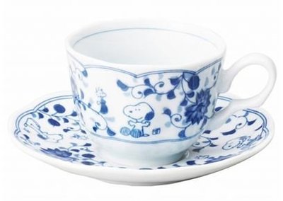 鼎飛臻坊 PEANUTS SNOOPY 史努比 靛藍蔓藤花紋 陶瓷 咖啡     杯 盤 組 日本製 日本正版