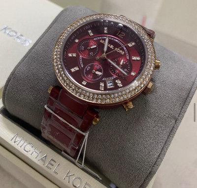 MICHAEL KORS 紅色錶盤 水晶鑽圈 不鏽鋼材質 鋼錶帶 石英 三眼 女士手錶MK6805 MK腕錶