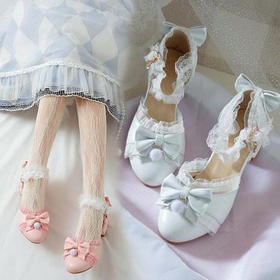 日系甜美單鞋女大童少女洛麗塔蕾絲綁帶粉色公主lolita鴻上蕓女鞋