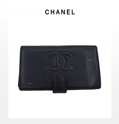 《十九號二手屋》Vintage Chanel荔枝紋牛皮對折長夾  口金零錢袋 黑色雙C 中古