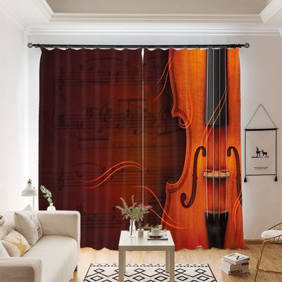 定制窗簾布紗現代簡約小提琴與五線譜臥室客廳陽臺樂器店主題酒吧