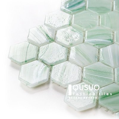 趣所 綠色玻璃小六角馬賽克 客餐廳吧臺廚房墻磚衛生間瓷磚背景墻~特價