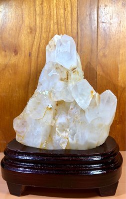 天然黃膠花骨幹白水晶簇-帶雙尖全晶體無礦石-附專用木座