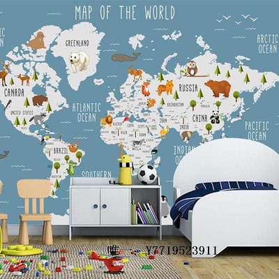 地圖手繪兒童房卡通墻布3d壁紙藍色世界地圖主題床頭背景墻紙男孩臥室掛圖