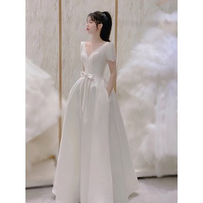 敬酒服新娘法式簡約V領白色短袖平時可穿輕婚紗禮服 Qs1525-麥德好服裝包包