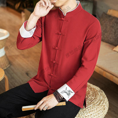 中式改良唐裝亞麻長袖襯衫男中國風紅色盤扣襯衣復古仙鶴刺繡外套-雅怡尚品