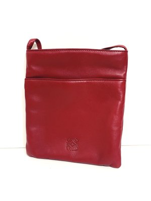 Loewe 二手真品 vintage 深紅色 羊皮 雙層 拉鍊 斜背包 隨身包 手機包