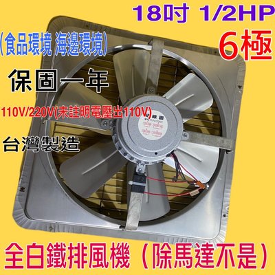 不鏽鋼白鐵 18吋 1/2HP 6極 工業排風機 抽風機批發 免運 吸排 通風機  抽煙機 工業扇 排風機 (台灣製造)