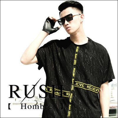RUSH Hombre (韓國空運 現貨) 黃色垂墜織帶不對稱拼接寬身剪裁短袖上衣 (男女皆可) (原價1180)