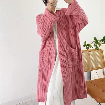 正韓 特價 芭比粉 外套 粗針織罩衫 長版 寬鬆 大衣 毛衣 韓國