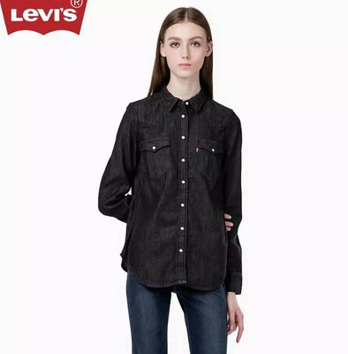 正品LEVIS 女木炭黑V型珍珠釦修身長袖牛仔襯衫M