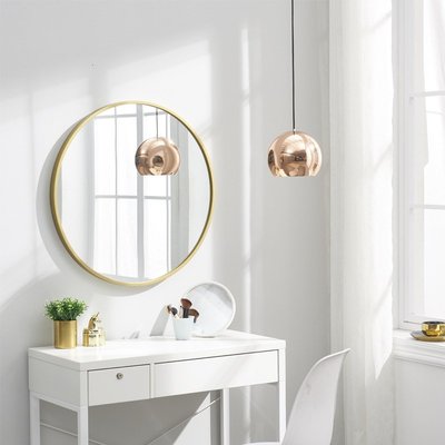 實木圓鏡木框浴室鏡子化妝鏡木質壁掛圓鏡子歐式圓形鏡衛生間鏡 自行安裝