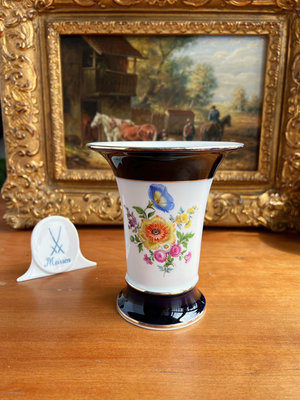 德國meissen梅森瓷器 鈷藍雙面花卉花瓶 一等品 描金手